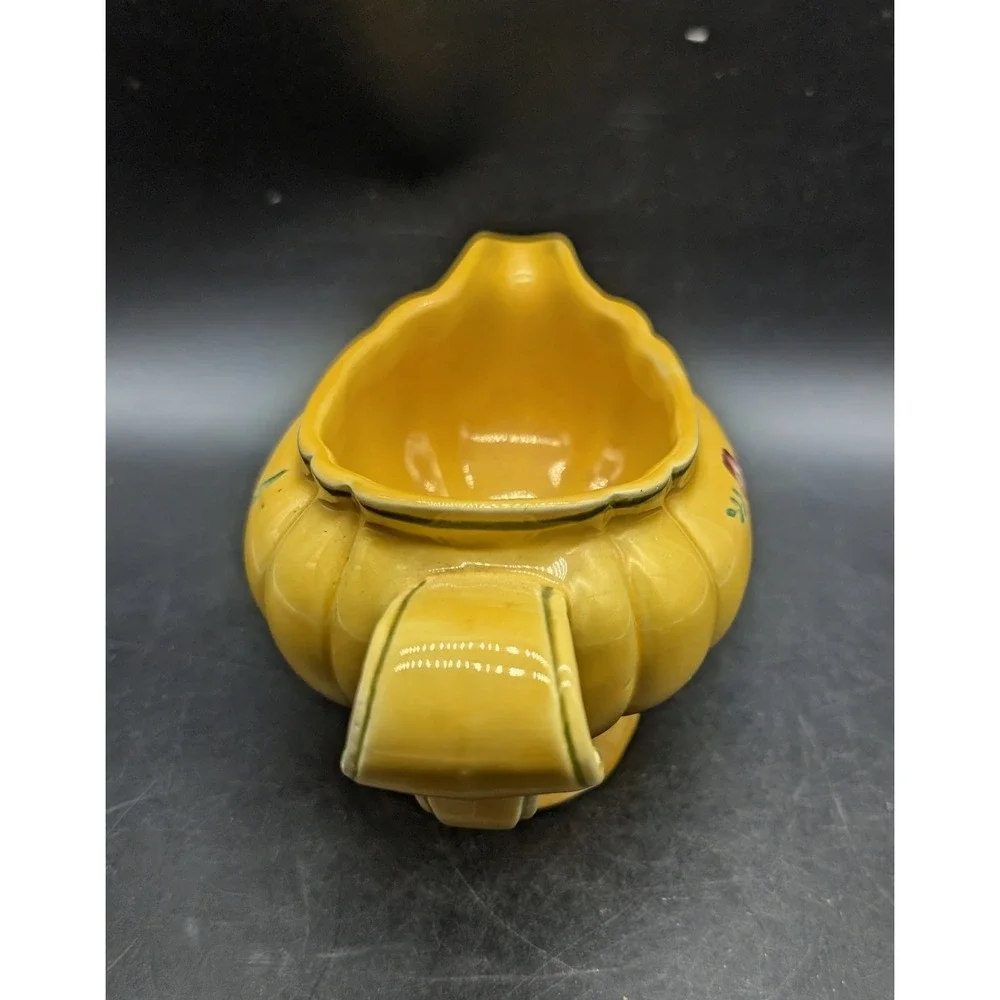 Vintage Longchamp Hand Painted France Yellow Floral Gravy Boat Pedestal 7